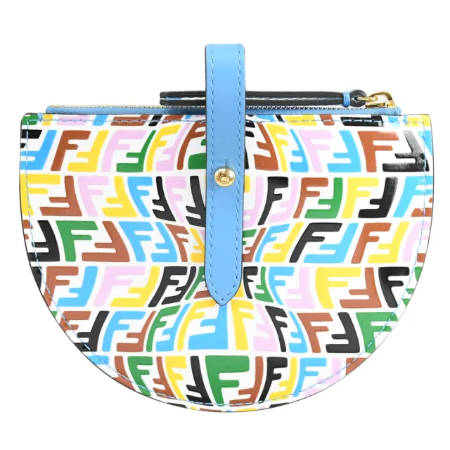 【FENDI 芬迪】金屬LOGO經典F壓花小牛皮拉鍊半月零錢包(藍白)