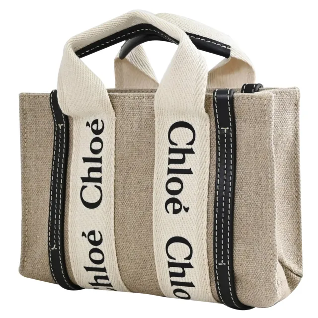【Chloe’ 蔻依】Woody Mini 經典品牌LOGO織帶個性帆布小手提包兩用包(深藍邊)