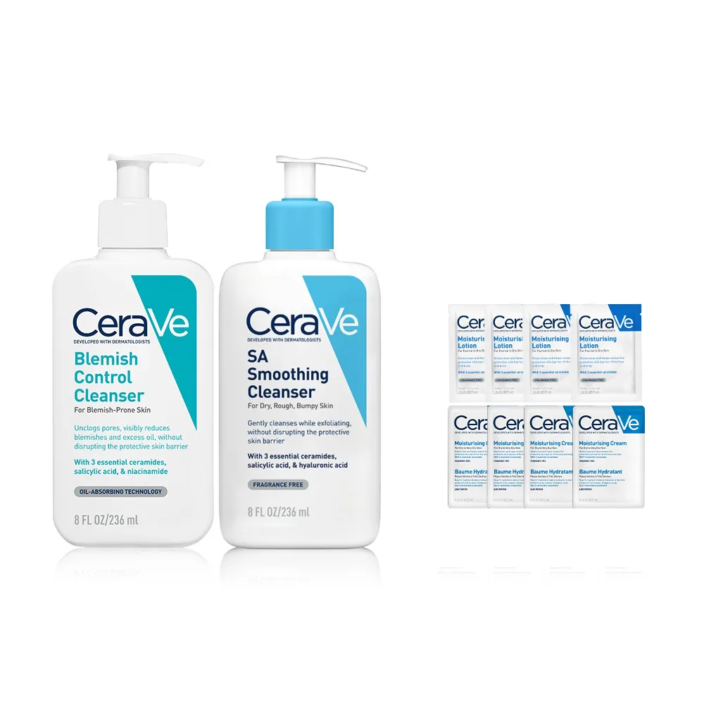 【CeraVe 適樂膚】煥膚抗痘清潔組★淨膚白泥抗粉痘潔面露 236ml+水楊酸煥膚淨嫩潔膚露 236ml