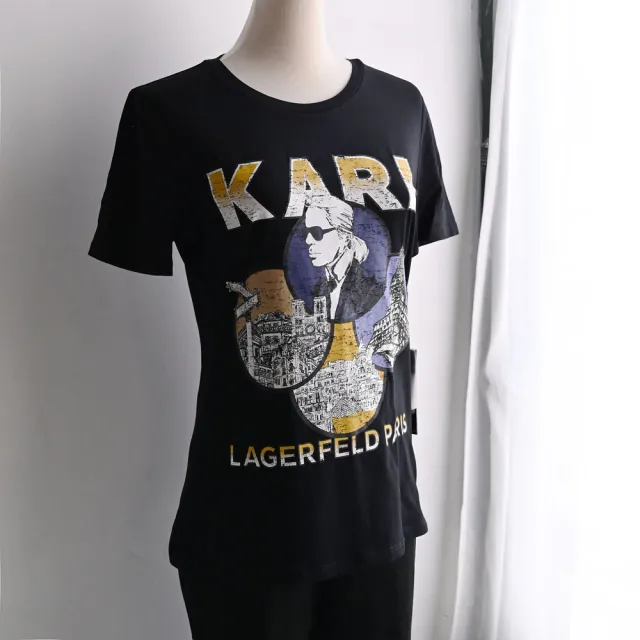 【KARL LAGERFELD 卡爾】老佛爺公仔巴黎地標圖案個性棉短T(黑)