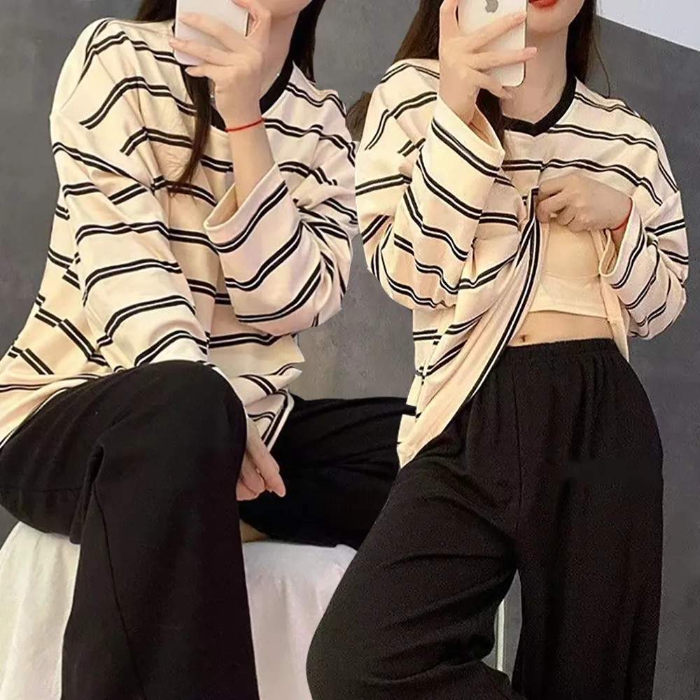 【Annita】bra-t條紋帶胸墊長袖長褲睡衣套裝寬鬆居家休閒服(帶胸墊睡衣 晚安睡衣 加大尺碼睡衣)