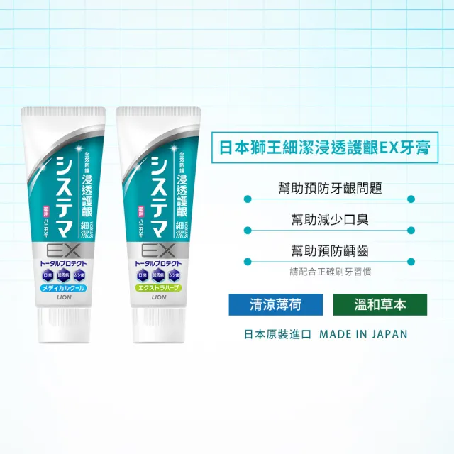 【LION 獅王】細潔浸透護齦EX牙膏 10入組-溫和草本/清涼薄荷(10入組)
