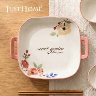 【Just Home】映花陶瓷9吋雙耳方盤(可微波 盤 餐盤 湯盤)