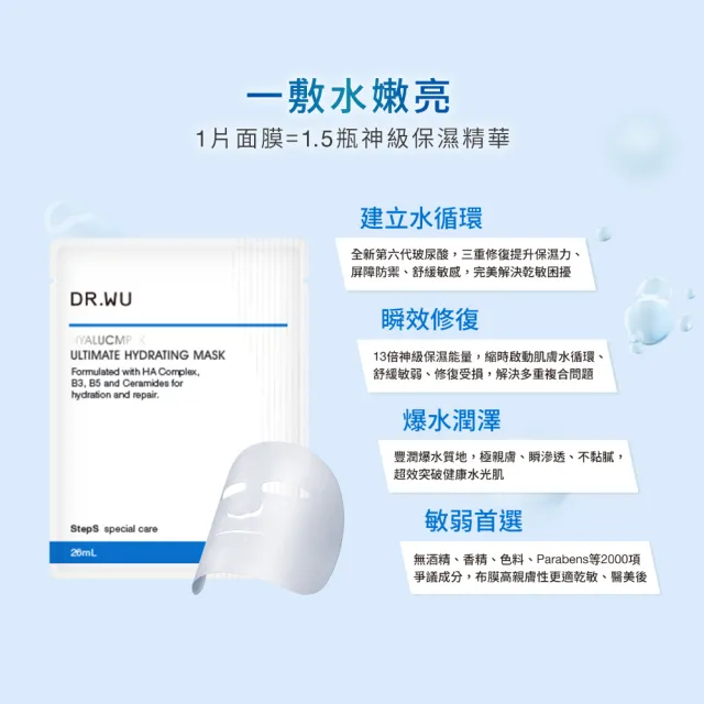 【DR.WU 達爾膚】玻尿酸保濕微導面膜3片(5入組 共15片)