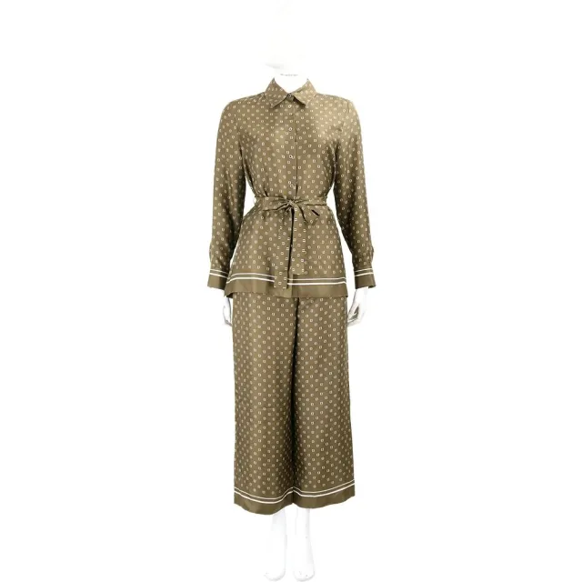 【MaxMara】STUDIO 100%桑蠶絲 卡其綠幾何圖騰綁帶套裝(上衣+長褲 義大利精品時裝)