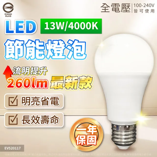【Everlight 億光】10入 2026最新版 LED 13W 高光效 最新戰鬥版 全電壓 球泡燈 E27燈泡(黃光/自然光/白光)