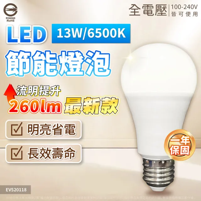 【Everlight 億光】10入 2026最新版 LED 13W 高光效 最新戰鬥版 全電壓 球泡燈 E27燈泡(黃光/自然光/白光)