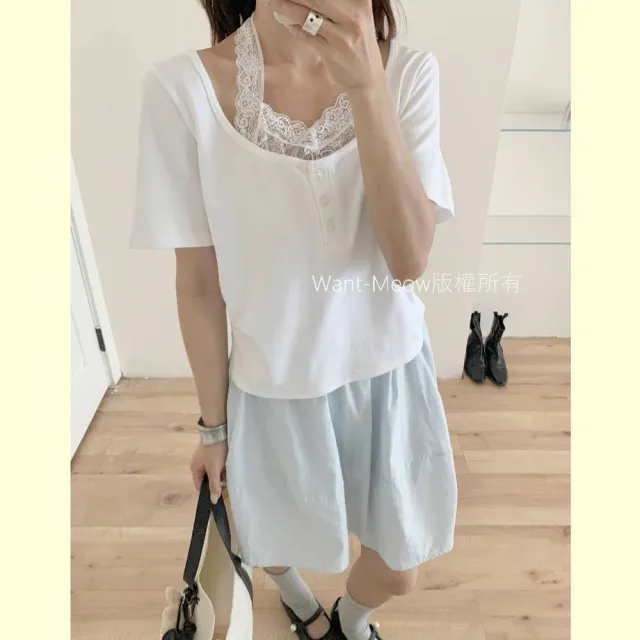 【Want-Meow】85公斤可穿/顯瘦假兩件繞頸蕾絲綁帶側抓皺短版大學T短袖T(大碼上衣/大碼/大尺碼/短袖上衣)