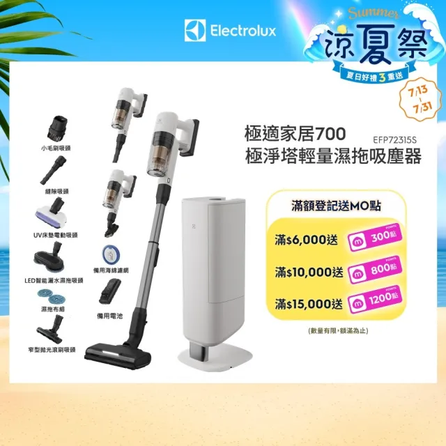 【Electrolux 伊萊克斯】700系列極淨塔輕量濕拖吸塵器-佔地A4大/濕拖乾吸除螨/自動集塵(EFP72315S)