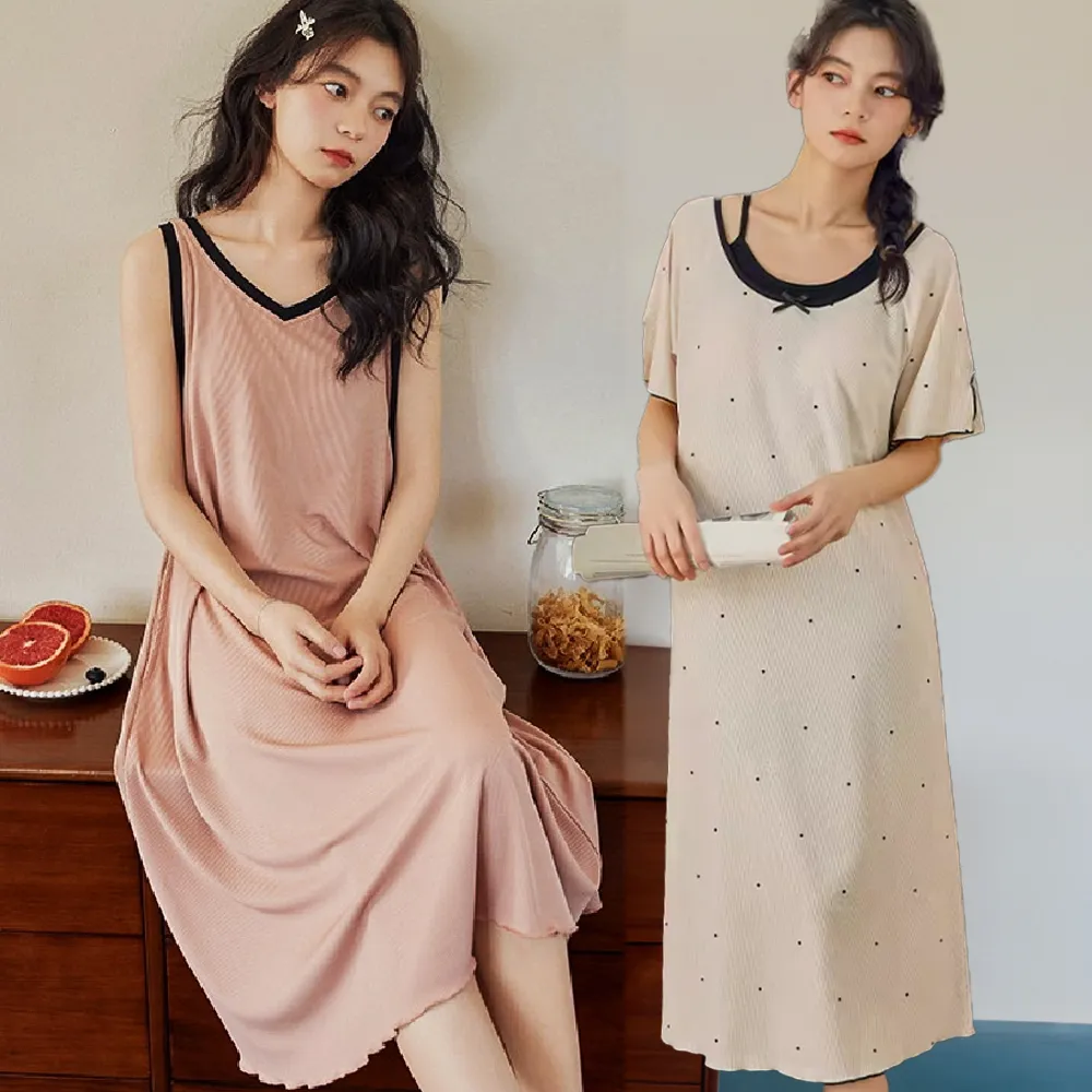 【藍尼居家】★帶胸墊冰絲涼爽居家長裙(女睡衣/家居服/連身睡衣)