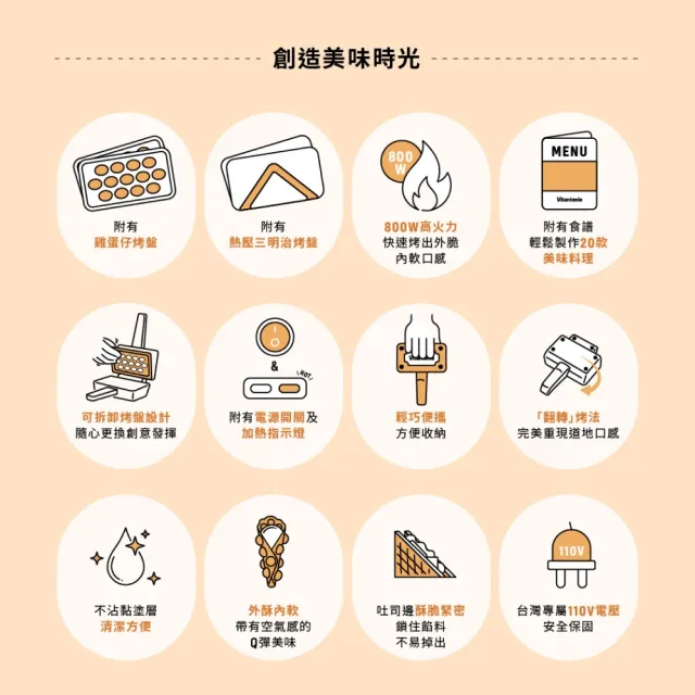 【Vitantonio】官方直營 小V 雞蛋仔與熱壓三明治機(象牙白)+鯛魚燒烤盤