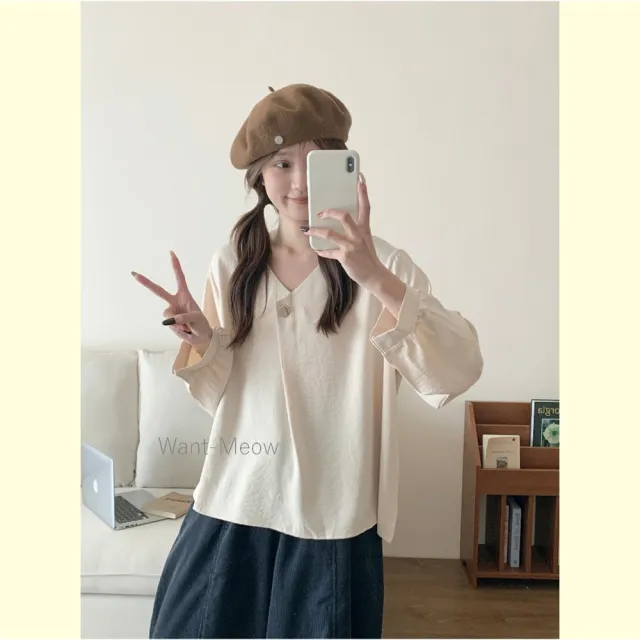 【Want-Meow】90公斤可穿/韓系氣質質感金扣V領襯衫上衣長袖T恤(大碼/大尺碼/加大碼/長袖上衣)