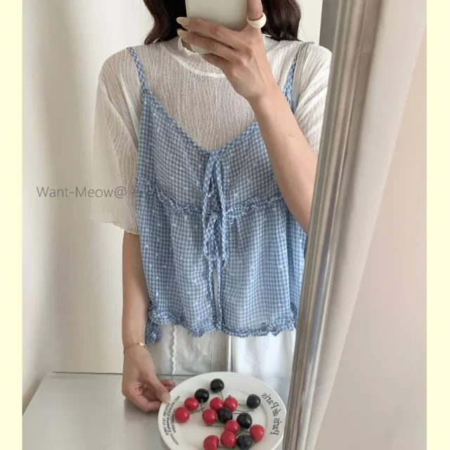 【Want-Meow】90公斤可穿/大胸可日系多層次穿搭格紋小花綁帶背心(大碼上衣/大碼/大尺碼/綁帶背心)