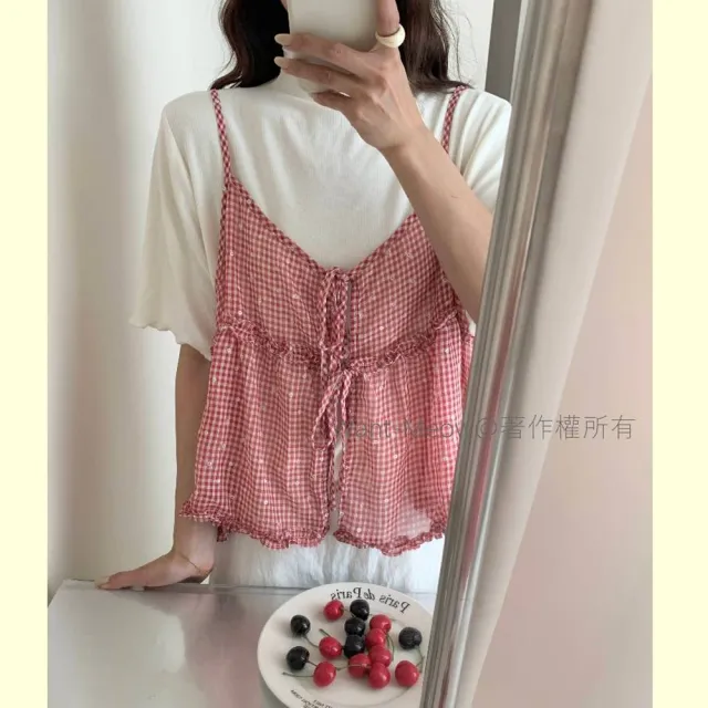 【Want-Meow】90公斤可穿/大胸可日系多層次穿搭格紋小花綁帶背心(大碼上衣/大碼/大尺碼/綁帶背心)
