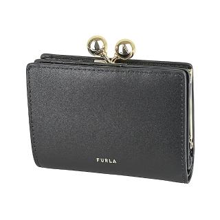 【FURLA 芙拉】FURLA Dots燙印金色LOGO小牛皮6卡按釦式口金零錢中夾(黑)