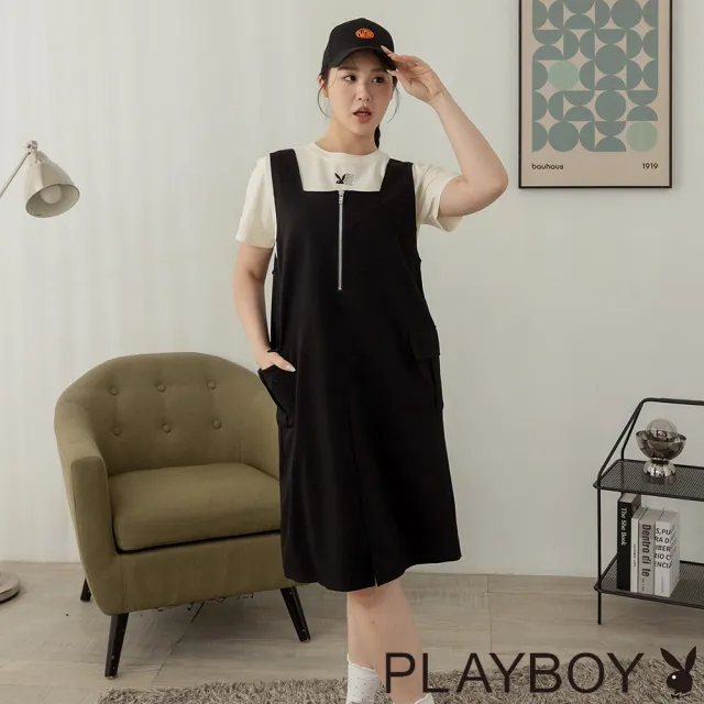 【PLAYBOY】黑色方領拉鍊吊帶裙 - 黑色