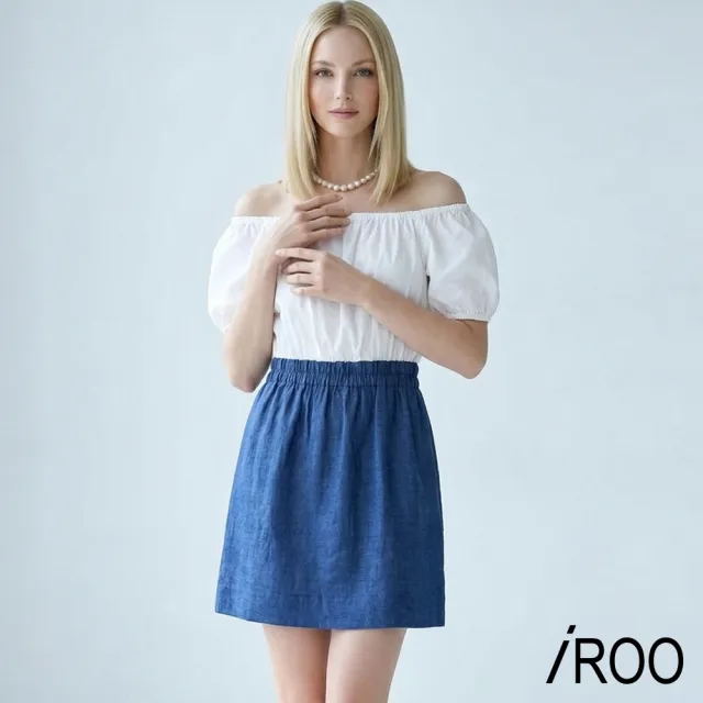 【iROO】一字領澎袖拼接洋裝