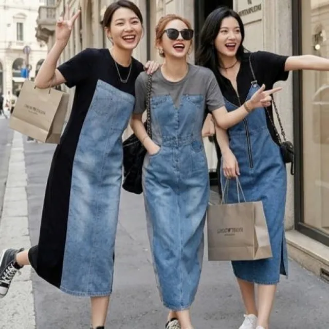 【米蘭精品】現貨限搶 連身裙短袖洋裝(牛仔拼接收腰中長款女裙子4款74km53)