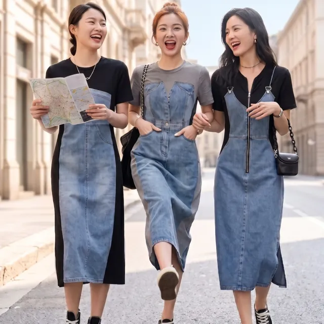 【米蘭精品】現貨限搶 連身裙短袖洋裝(牛仔拼接收腰中長款女裙子4款74km53)
