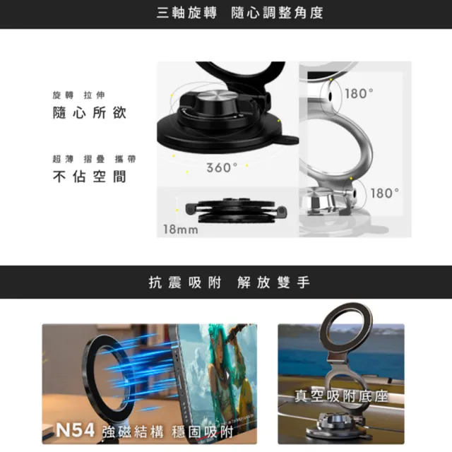 【REAICE】超薄磁吸真空旋轉支架-日常快充組(N54超強磁吸 鋁合金設計 手機支架 車用支架)
