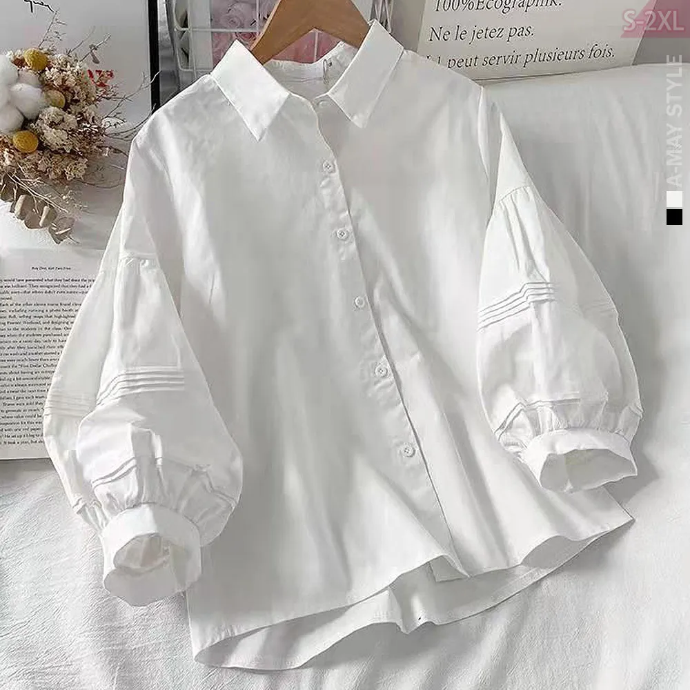【艾美時尚】中大尺碼女裝 上衣 日韓設計質感造型燈籠袖襯衫。S-2XL(2色.預購)