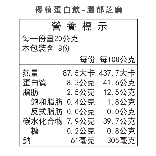 【薌園】優植蛋白穀飲系列-濃郁芝麻/香醇杏仁(20gx8包/袋)
