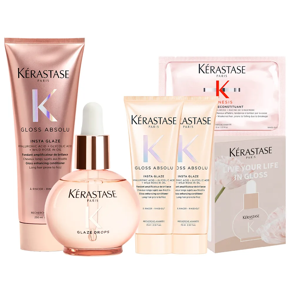 【KERASTASE 巴黎卡詩】釉光香頌玫瑰護髮精油45ml+髮乳250ml(全新上市/小粉球/柔順/抗躁/蓬彈)