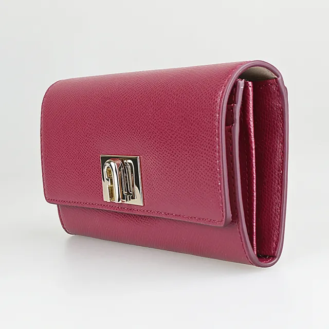 【FURLA 芙拉】FURLA 1927系列拱門LOGO牛皮10卡翻蓋旋轉釦式長夾(深紅)