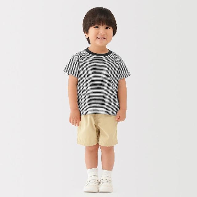 【MUJI 無印良品】幼兒容易穿脫棉天竺圓領短袖T恤(黑橫紋/深米橫紋/淺藍橫紋/柔白紋樣/淺粉紋樣/淺藍紋樣)