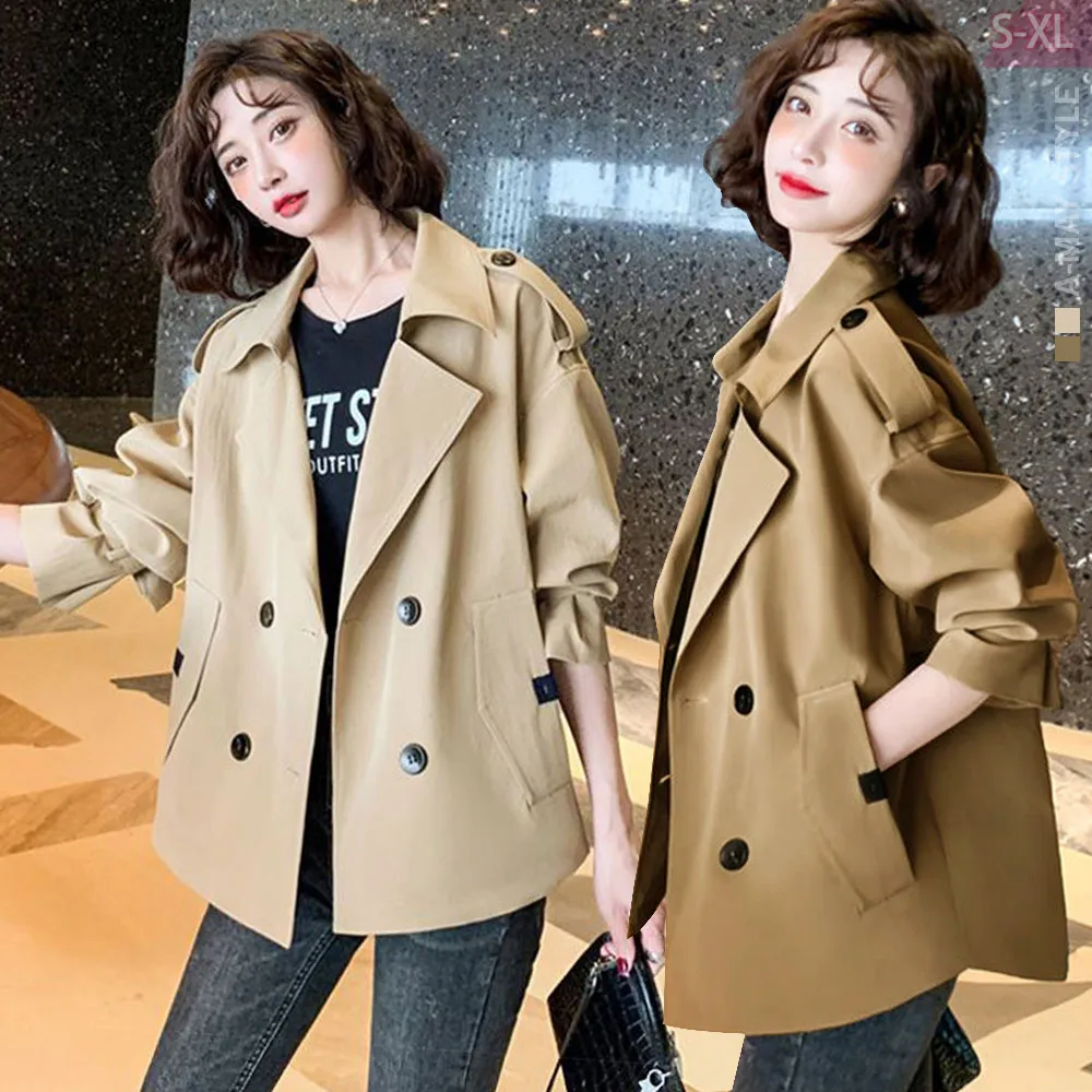 【Amay Style 艾美時尚】現貨 中大尺碼女裝 大衣外套 日韓系時髦西裝領休閒短版風衣外套。S-XL(2色)