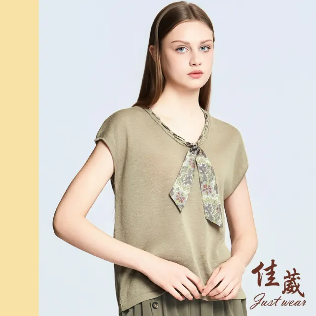 【Just Wear 佳葳】氣質花卉領巾針織上衣(女上衣/女上著/短袖/撞色/百搭/透膚)