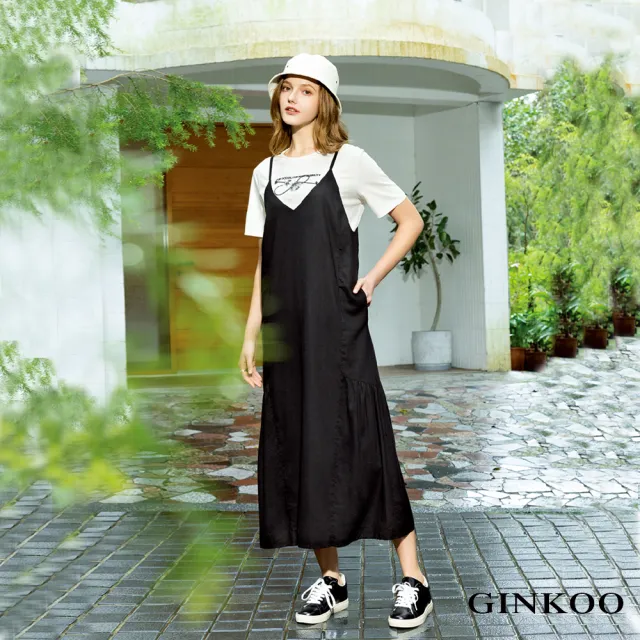 【GINKOO 俊克】細肩帶剪接長洋裝