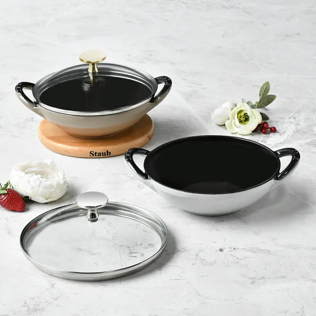 【STAUB】迷你煲琺瑯鑄鐵鍋16cm＋圓形琺瑯鑄鐵平煎鍋16cm(德國雙人牌集團官方直營)