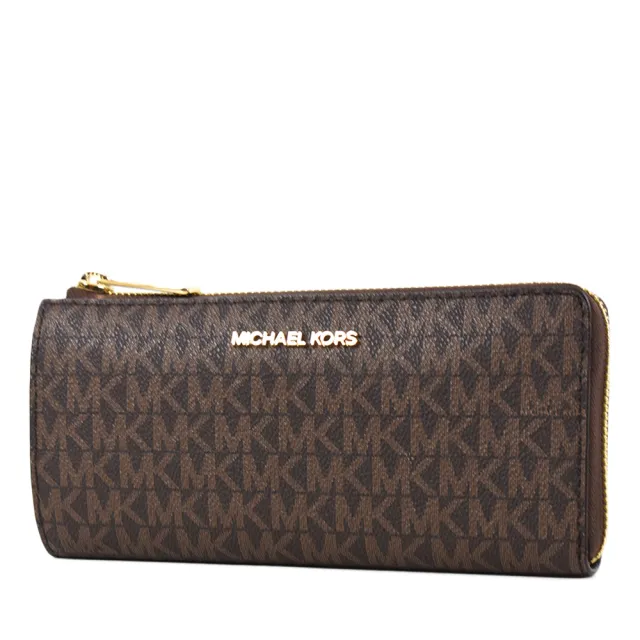 【Michael Kors】緹花LOGO防刮皮革L型拉鍊長夾-咖啡色