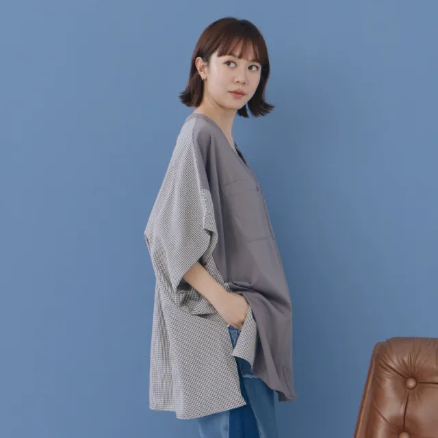 【MOSS CLUB】素面格紋拼接日系外罩襯衫 藍 灰