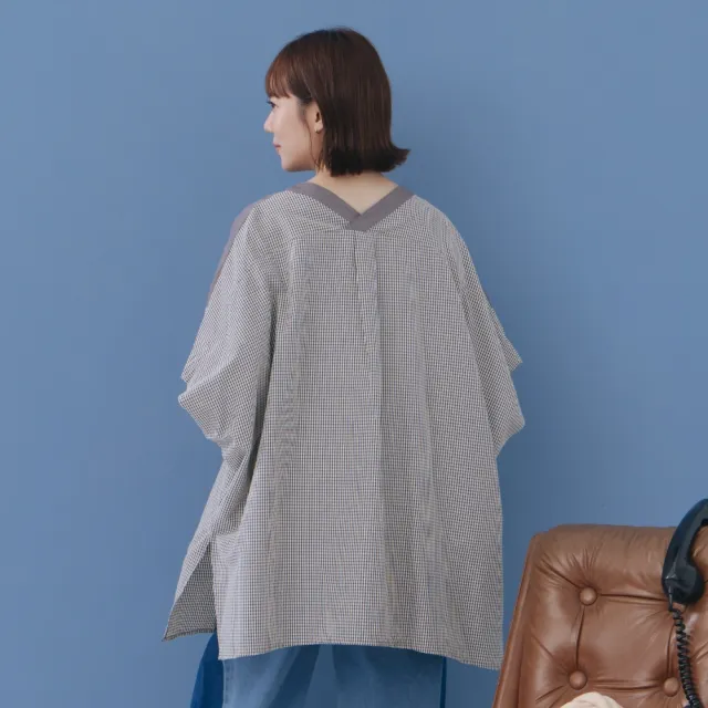 【MOSS CLUB】素面格紋拼接日系外罩襯衫 藍 灰