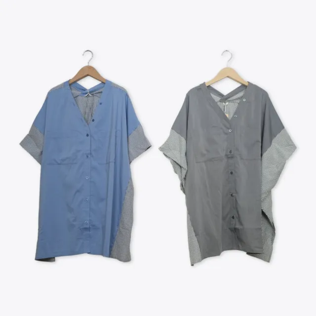 【MOSS CLUB】素面格紋拼接日系外罩襯衫 藍 灰