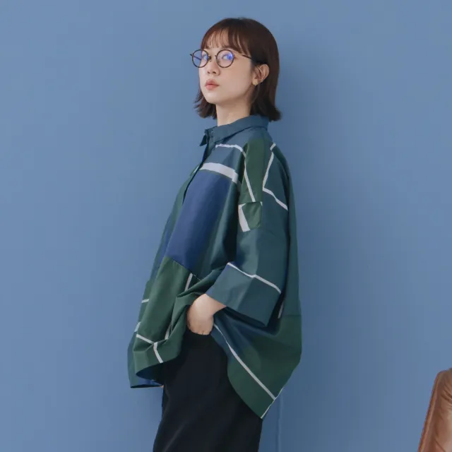 【MOSS CLUB】落肩打褶大格紋繭型襯衫 綠 桔