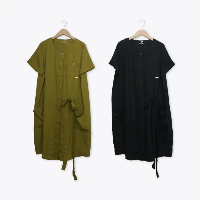 【MOSS CLUB】全開襟抽繩短袖圓領襯衫洋裝 黑 綠