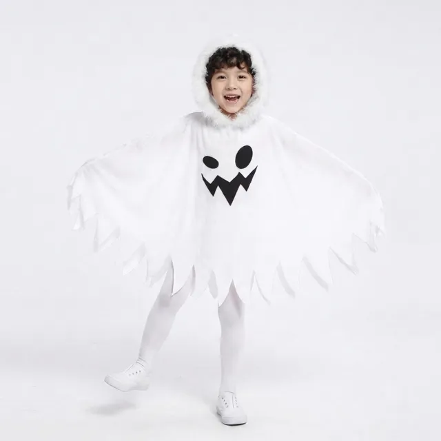 【橘魔法】搞怪白色幽靈連帽披風 斗篷 萬聖節 兒童 女童 男童 萬聖節服裝 造型服 角色扮演 攝影 表演 道具