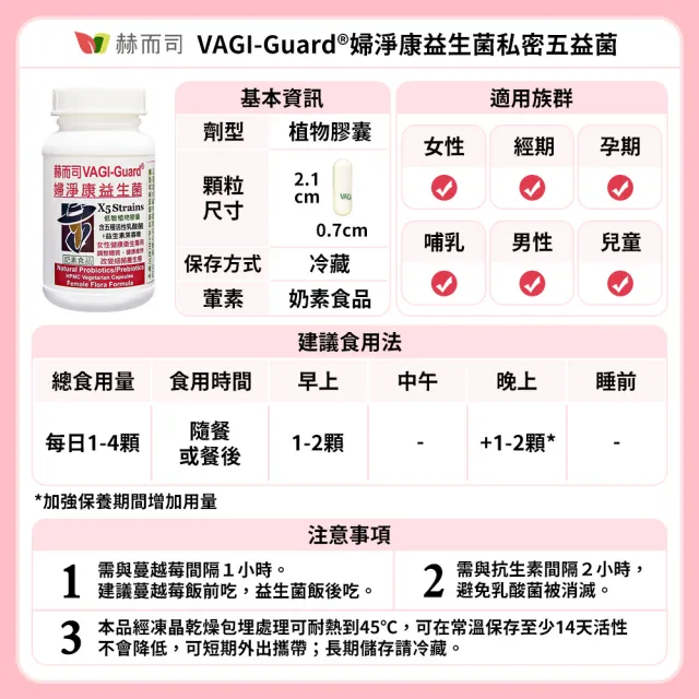 【赫而司】婦淨康益生菌2罐(共120顆女性私密保養乳酸菌五益菌強化配方+果寡糖全素食膠囊)
