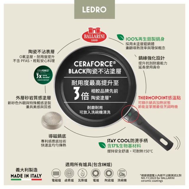 【Ballarini 班樂尼】義大利製LEDRO陶瓷不沾平底鍋20cm(德國雙人牌集團官方直營)