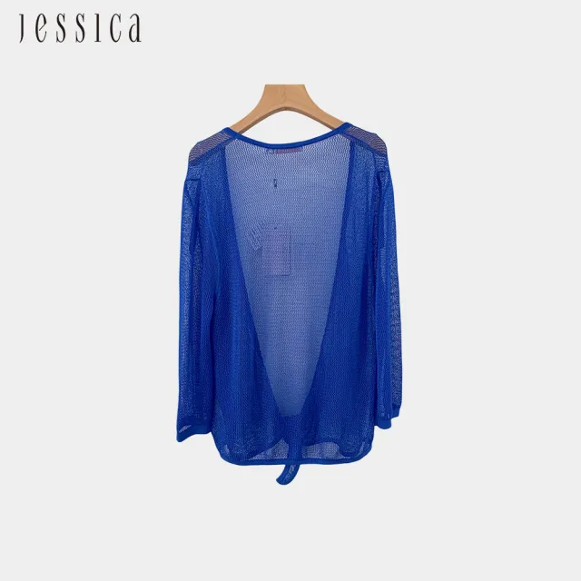 【JESSICA】休閒百搭素色網眼綁帶針織開襟衫（藍）243404