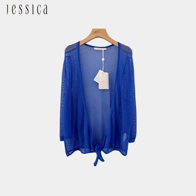 【JESSICA】休閒百搭素色網眼綁帶針織開襟衫（藍）243404