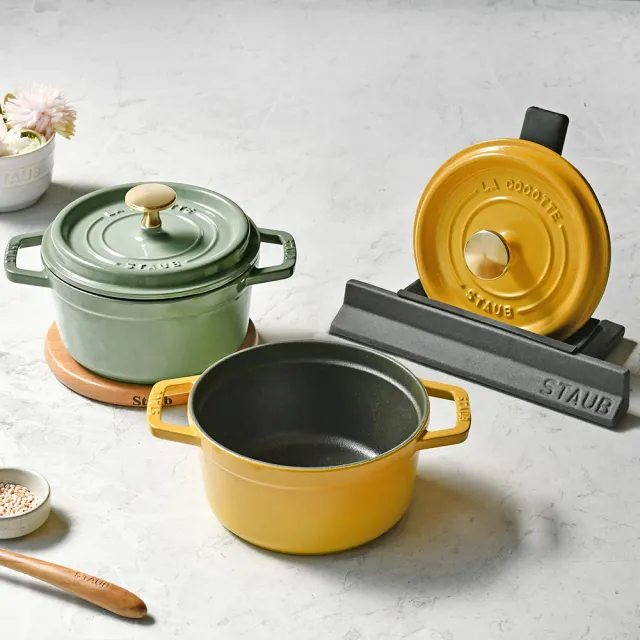【STAUB】圓型琺瑯鑄鐵鍋16cm＋鍋蓋放置架(德國雙人牌集團官方直營)
