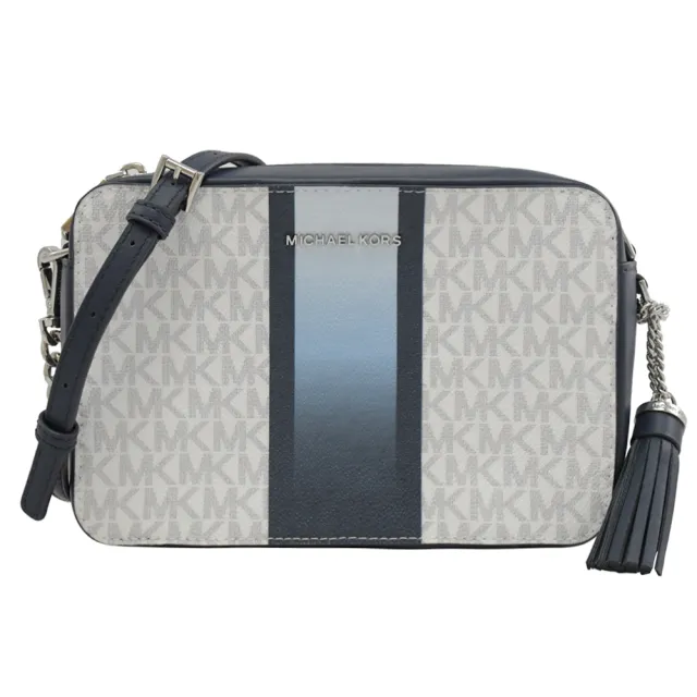 【Michael Kors】撞色滿版MK印花條紋流蘇吊飾方包斜背包(白藍)