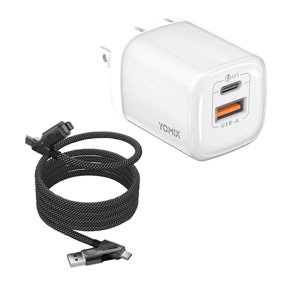 【YOMIX 優迷】100W四合一編織充電線★60W GaN氮化鎵迷你雙孔快充充電器(Type-C/USB-A/PD3.0/筆電快充/充電
