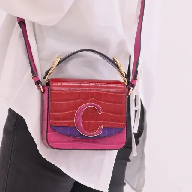 【Chloe’ 蔻依】Mini 品牌雙字母C LOGO拼接手提二用小包(紅紫)