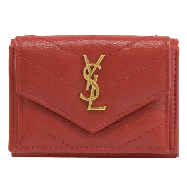 【YSL】金屬字母LOGO菱格V字紋三折零錢短夾(紅/金)
