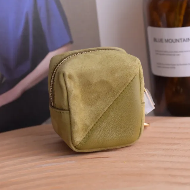 【YSL】金屬LOGO絨布皮革紋拼接鑰匙圈吊飾方包零錢包(草綠)